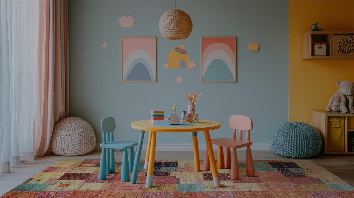 Glade børneværelse i blå nuancer, træmøbler og farverigt tæppe lavet af naturlige materialer.